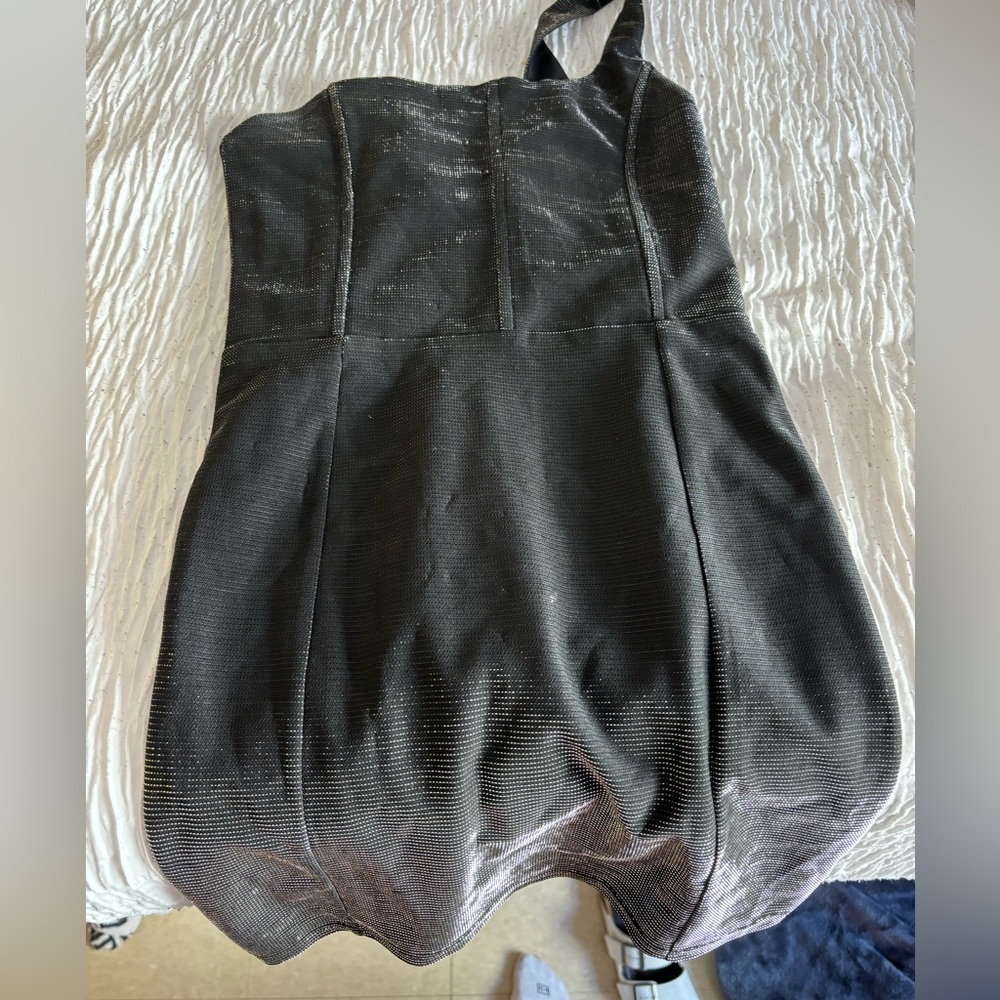 White fox one shoulder casino dress